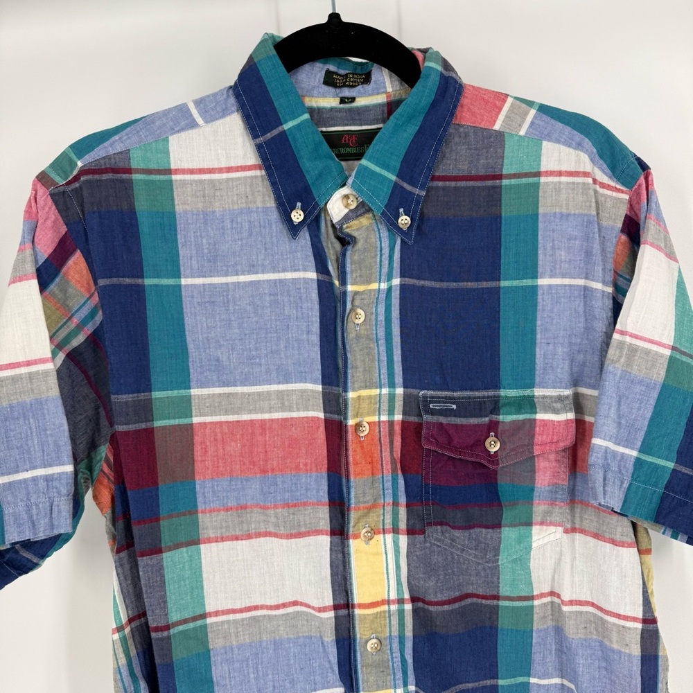 Abercrombie Fitch Vintage Madras Plaid Short Sleeve Button Down Shirt M‎ Cotton - Picture 2 of 10